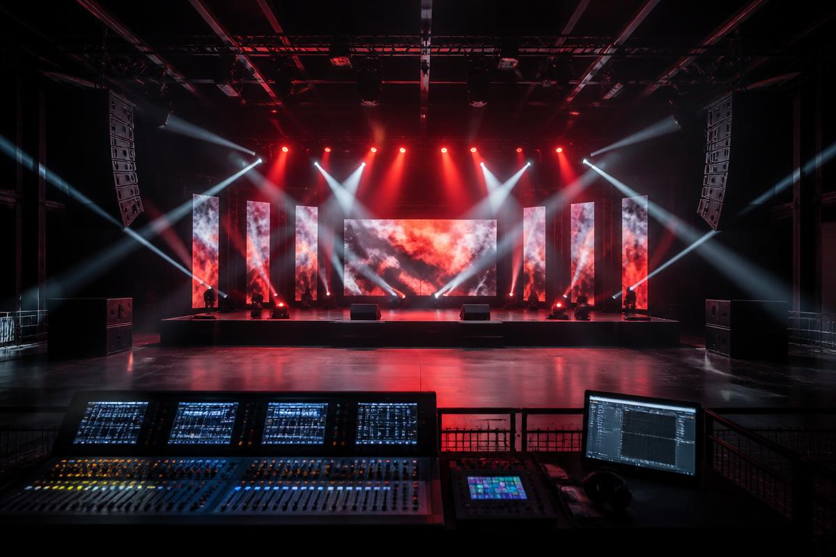 Professional audio video lighting rental setup for a live event